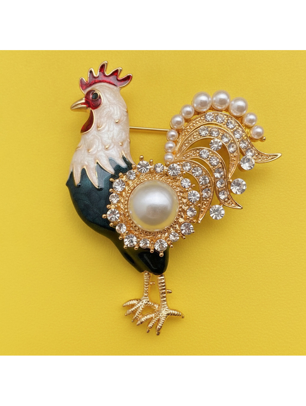 Rooster Brooch with Pearls and Rhinestones